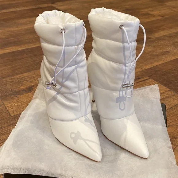 PUFFER HEELED BOOT Stiletto White Pointed Toe Bootie - Picture 5 of 11